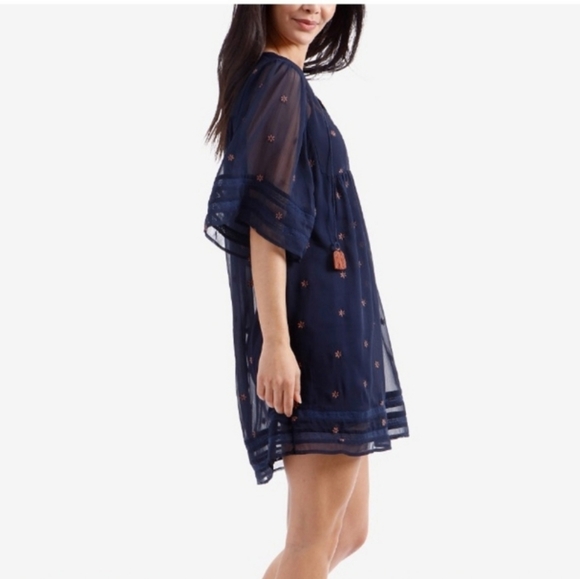 Lucky Brand Embroidered Tassel Peasant Dress, Navy, Pink - Picture 3 of 8